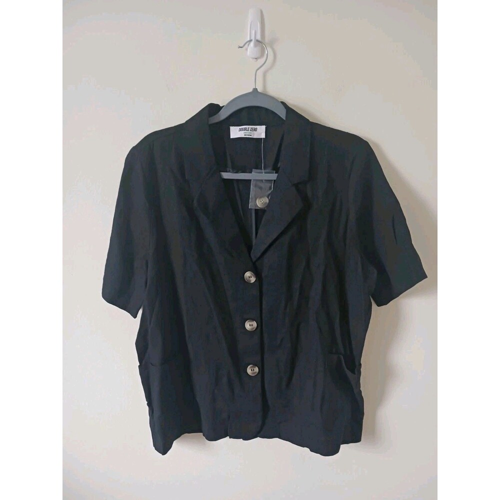 Double Zero Linen Blend Blouse Womens Black Button Front Short Sleeve Size L